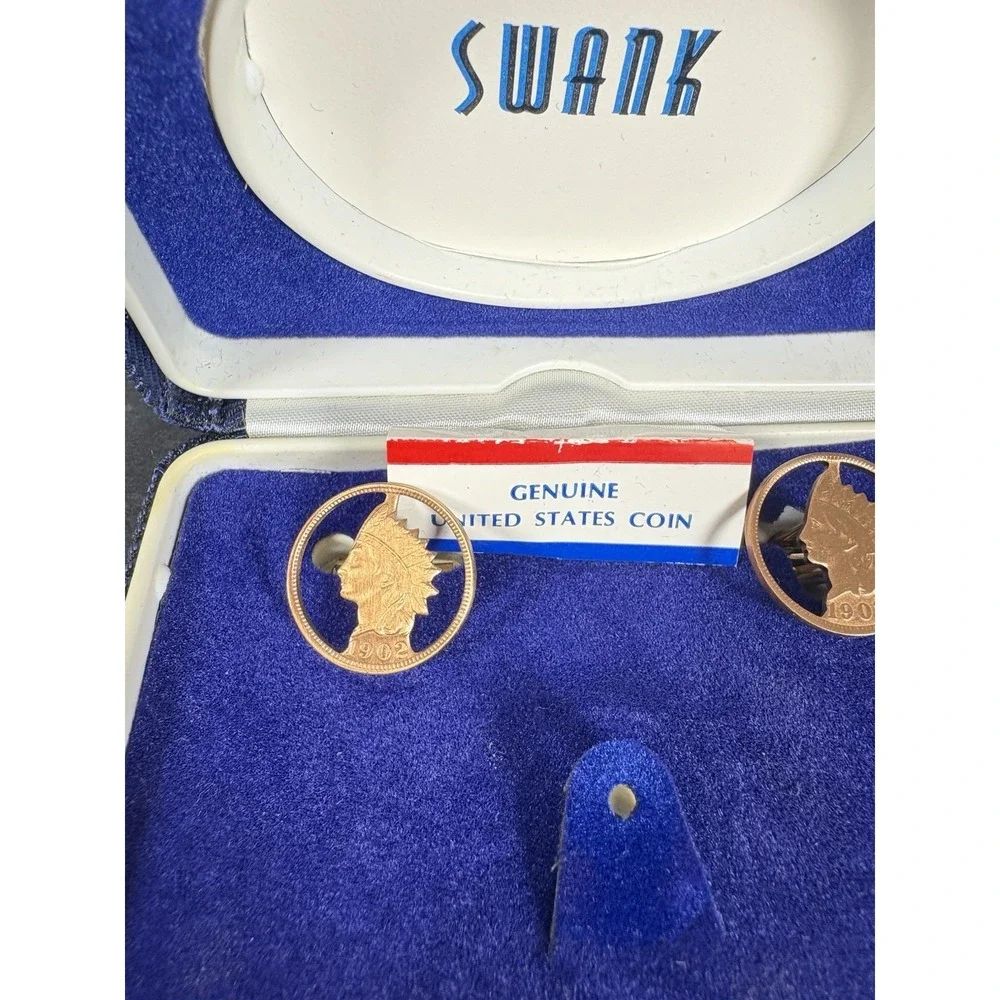 Vintage Swank Indian Head Penny Cufflinks 1902 Cut Coin Design w/ Box USA
